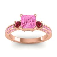 Pink Tourmaline Ring In 14K Rose Gold With Ruby Stambha Princess Three-stone Ring