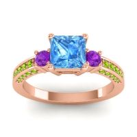 Swiss Blue Topaz Ring In 18K Rose Gold With Amethyst And Peridot Stambha Princess Three-stone Ring