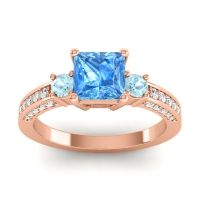 Swiss Blue Topaz Engagement Ring In 14K Rose Gold With Aquamarine And Diamond - Stambha Princess Three-stone Ring
