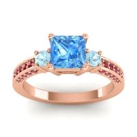 Swiss Blue Topaz Ring In 18K Rose Gold With Aquamarine And Ruby Stambha Princess Three-stone Ring