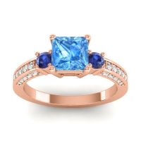 Swiss Blue Topaz Ring In 18K Rose Gold With Blue Sapphire And Lab Diamond Stambha Princess Three-stone Ring