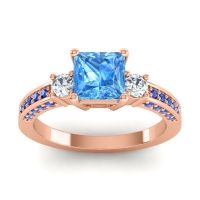 Swiss Blue Topaz Ring In 18K Rose Gold With Lab Diamond And Blue Sapphire Stambha Princess Three-stone Ring