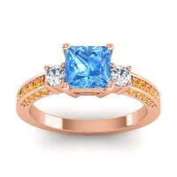Swiss Blue Topaz Ring In 14K Rose Gold With Diamond And Citrine Stambha Princess Three-stone Ring