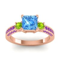 Swiss Blue Topaz Ring In 18K Rose Gold With Peridot And Amethyst Stambha Princess Three-stone Ring