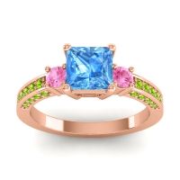 Swiss Blue Topaz Ring In 18K Rose Gold With Pink Tourmaline And Peridot Stambha Princess Three-stone Ring