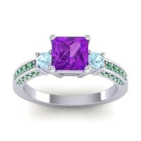 Amethyst Ring In 18k White Gold With Aquamarine And Emerald Stambha Princess Three-stone Ring