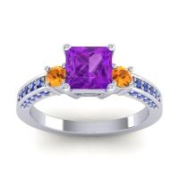 Amethyst Ring In Palladium With Citrine And Blue Sapphire Stambha Princess Three-stone Ring