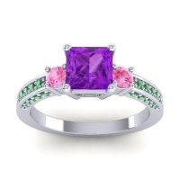 Amethyst Ring In Palladium With Pink Tourmaline And Emerald Stambha Princess Three-stone Ring