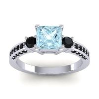 Aquamarine Ring In 18k White Gold With Black Onyx Stambha Princess Three-stone Ring