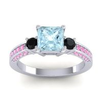 Aquamarine Ring In Palladium With Black Onyx And Pink Tourmaline Stambha Princess Three-stone Ring