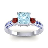 Aquamarine Ring In Palladium With Garnet And Blue Sapphire Stambha Princess Three-stone Ring