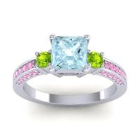 Aquamarine Ring In Palladium With Peridot And Pink Tourmaline Stambha Princess Three-stone Ring