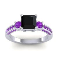 Black Onyx Ring In Palladium With Amethyst Stambha Princess Three-stone Ring