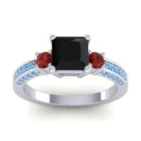 Black Onyx Ring In Palladium With Garnet And Swiss Blue Topaz Stambha Princess Three-stone Ring