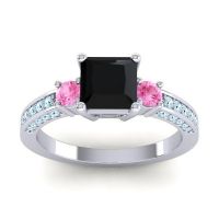 Black Onyx Ring In Palladium With Pink Tourmaline And Aquamarine Stambha Princess Three-stone Ring