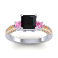 Black Onyx Ring In Palladium With Pink Tourmaline And Citrine Stambha Princess Three-stone Ring