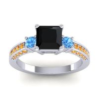 Black Onyx Ring In Palladium With Swiss Blue Topaz And Citrine Stambha Princess Three-stone Ring
