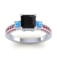 Black Onyx Ring In Palladium With Swiss Blue Topaz And Ruby Stambha Princess Three-stone Ring