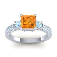 Citrine Ring In 14k White Gold With Aquamarine Stambha Princess Three-stone Ring