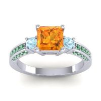 Citrine Ring In Palladium With Aquamarine And Emerald Stambha Princess Three-stone Ring