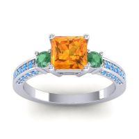 Citrine Ring In Palladium With Emerald And Swiss Blue Topaz Stambha Princess Three-stone Ring