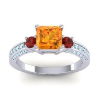 Citrine Ring In 18k White Gold With Garnet And Aquamarine Stambha Princess Three-stone Ring