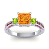 Citrine Ring In 18k White Gold With Peridot And Ruby Stambha Princess Three-stone Ring