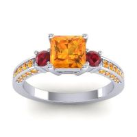 Citrine Ring In Palladium With Ruby Stambha Princess Three-stone Ring