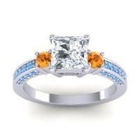 Diamond Ring In Palladium With Citrine And Swiss Blue Topaz Stambha Princess Three-stone Ring