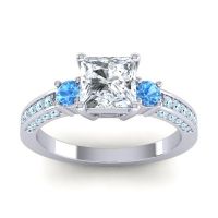 Lab Diamond Ring In Palladium With Swiss Blue Topaz And Aquamarine Stambha Princess Three-stone Ring