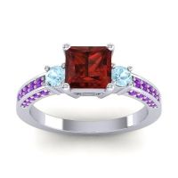 Garnet Ring In Palladium With Aquamarine And Amethyst Stambha Princess Three-stone Ring