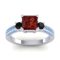 Garnet Ring In Palladium With Black Onyx And Swiss Blue Topaz Stambha Princess Three-stone Ring