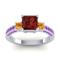 Garnet Ring In Palladium With Citrine And Amethyst Stambha Princess Three-stone Ring