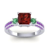Garnet Ring In Palladium With Emerald And Amethyst Stambha Princess Three-stone Ring