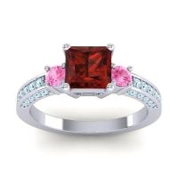 Garnet Ring In 14k White Gold With Pink Tourmaline And Aquamarine Stambha Princess Three-stone Ring
