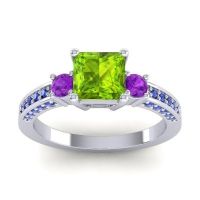 Peridot Ring In 14k White Gold With Amethyst And Blue Sapphire Stambha Princess Three-stone Ring