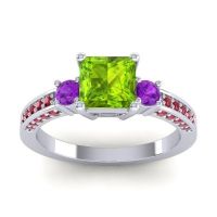 Peridot Ring In Palladium With Amethyst And Ruby Stambha Princess Three-stone Ring