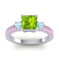 Peridot Ring In Palladium With Aquamarine And Pink Tourmaline Stambha Princess Three-stone Ring