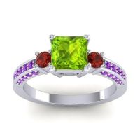 Peridot Ring In 18k White Gold With Garnet And Amethyst Stambha Princess Three-stone Ring