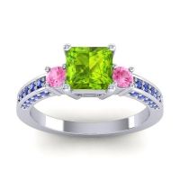 Peridot Ring In 18k White Gold With Pink Tourmaline And Blue Sapphire Stambha Princess Three-stone Ring