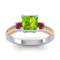 Peridot Ring In 18k White Gold With Ruby And Citrine Stambha Princess Three-stone Ring