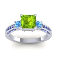 Peridot Ring In 14k White Gold With Swiss Blue Topaz And Blue Sapphire Stambha Princess Three-stone Ring
