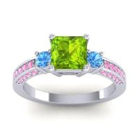 Peridot Ring In 14k White Gold With Swiss Blue Topaz And Pink Tourmaline Stambha Princess Three-stone Ring