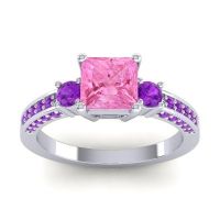 Pink Tourmaline Ring In Palladium With Amethyst Stambha Princess Three-stone Ring