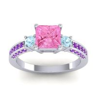 Pink Tourmaline Ring In Palladium With Aquamarine And Amethyst Stambha Princess Three-stone Ring