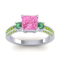 Pink Tourmaline Ring In 14k White Gold With Emerald And Peridot Stambha Princess Three-stone Ring