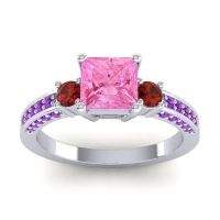 Pink Tourmaline Ring In Palladium With Garnet And Amethyst Stambha Princess Three-stone Ring