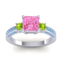 Pink Tourmaline Ring In Palladium With Peridot And Swiss Blue Topaz Stambha Princess Three-stone Ring