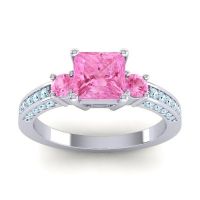 Pink Tourmaline Ring In Palladium With Aquamarine Stambha Princess Three-stone Ring