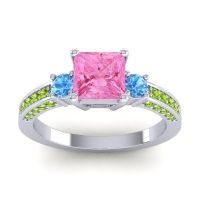 Pink Tourmaline Ring In 14k White Gold With Swiss Blue Topaz And Peridot Stambha Princess Three-stone Ring